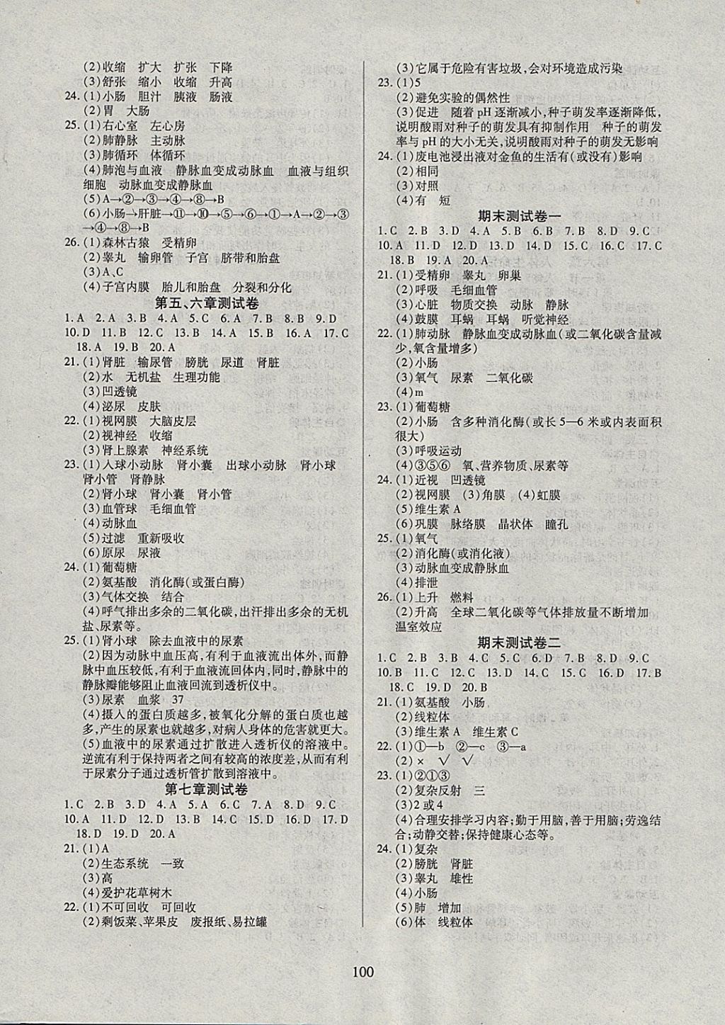 2018年有效课堂课时导学案七年级生物下册 参考答案第8页