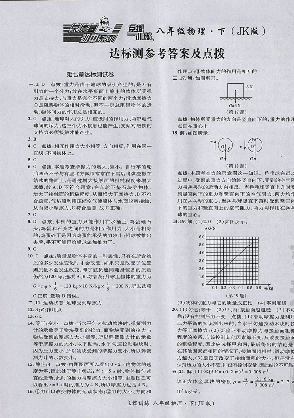 2018年點(diǎn)撥訓(xùn)練八年級物理下冊教科版 參考答案第1頁