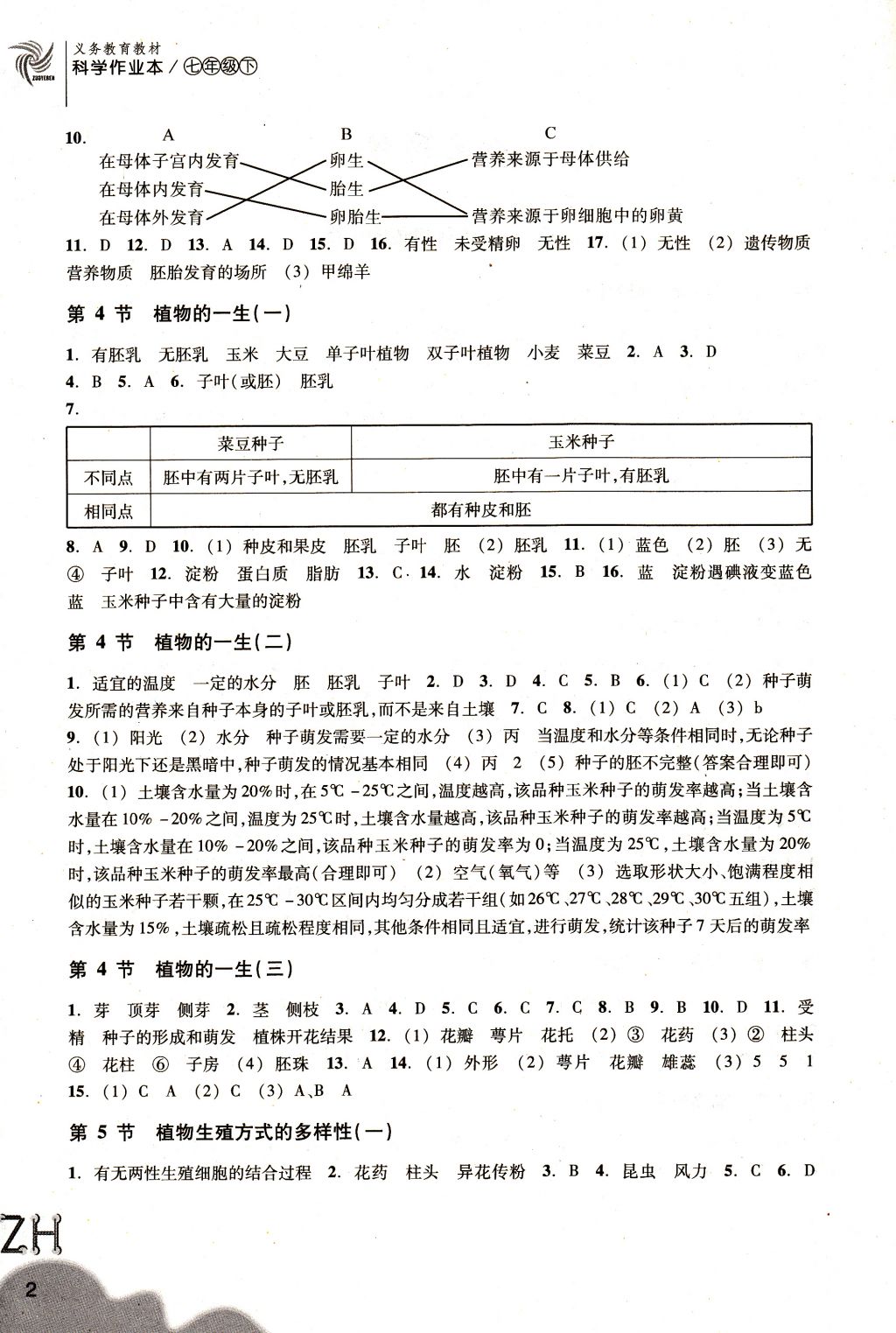 2018年作业本七年级科学下册浙教版浙江教育出版社 参考答案第2页