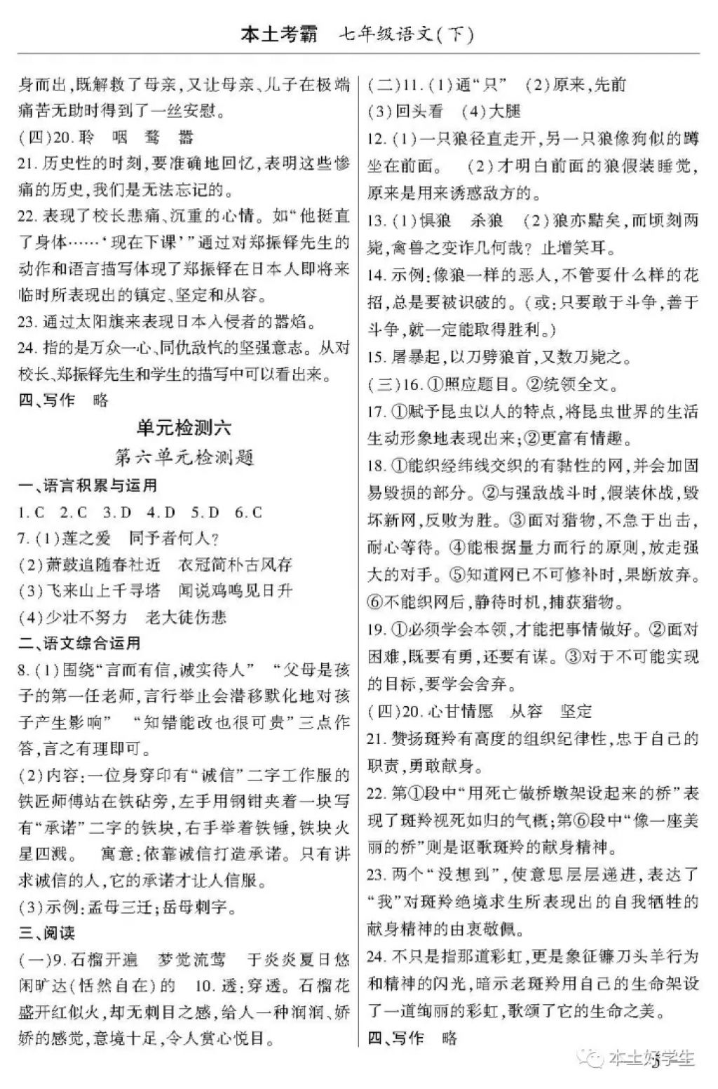 2018年本土考霸七年級語文下冊 參考答案第5頁