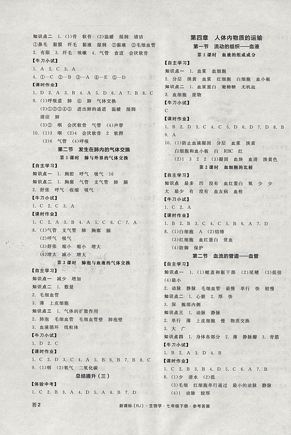 2018年全品学练考七年级生物学下册人教版 参考答案第3页