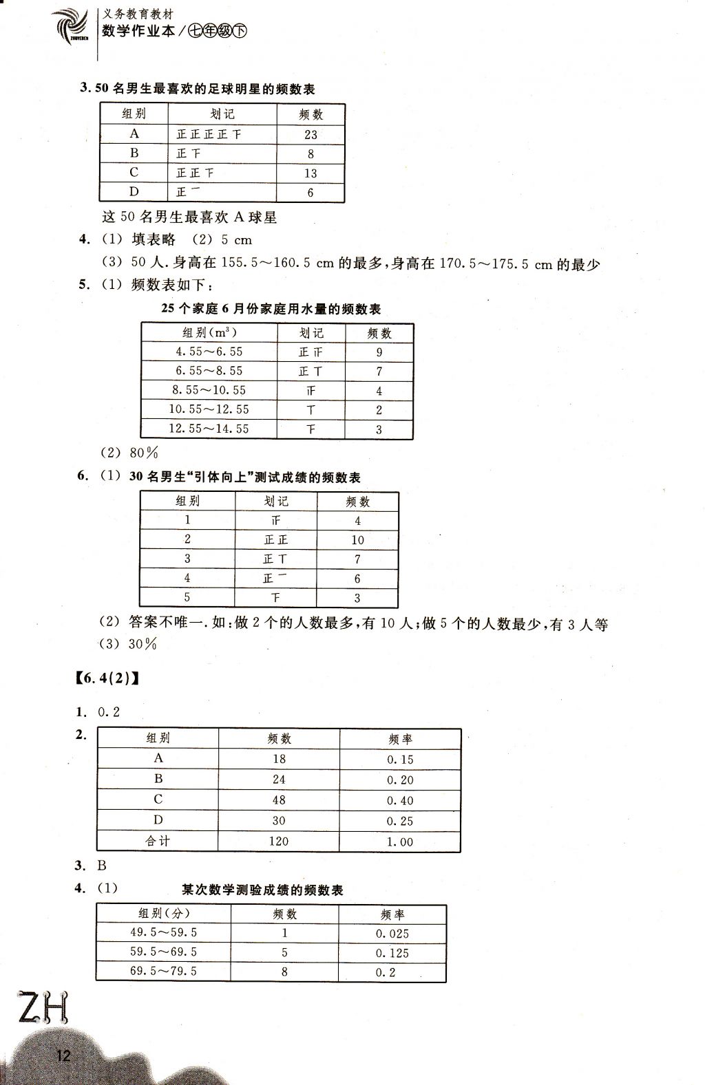 2018年作业本七年级数学下册浙教版浙江教育出版社 参考答案第12页