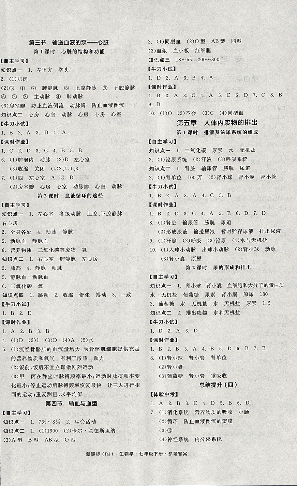 2018年全品学练考七年级生物学下册人教版 参考答案第4页