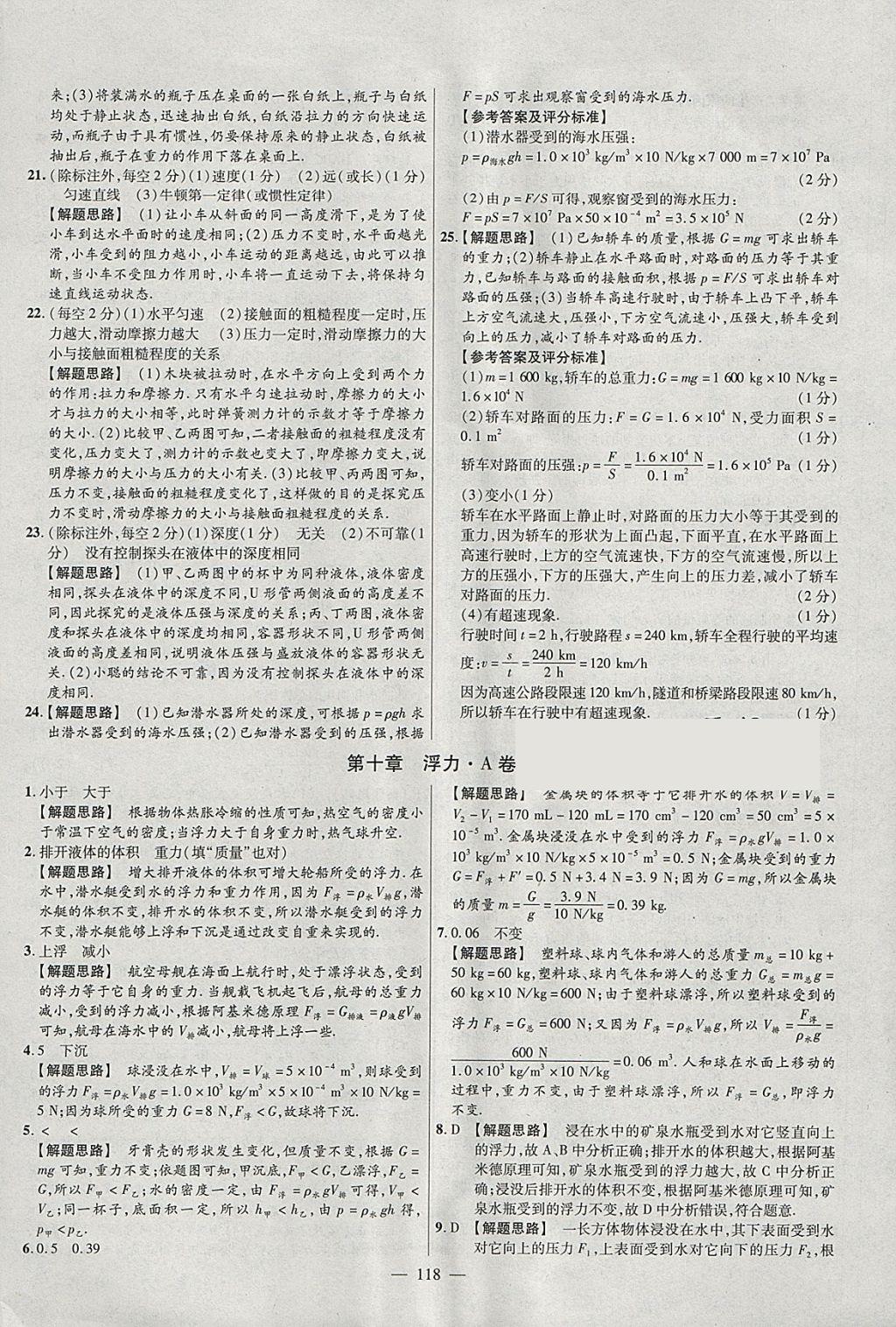 2018年金考卷活页题选八年级物理下册人教版 参考答案第10页