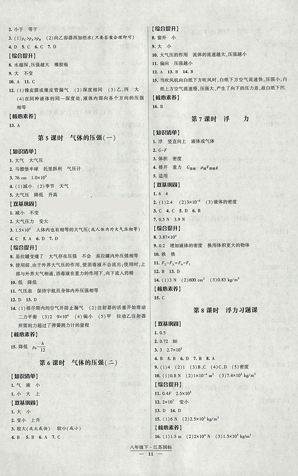 2018年經(jīng)綸學(xué)典新課時作業(yè)八年級物理下冊江蘇版 參考答案第11頁