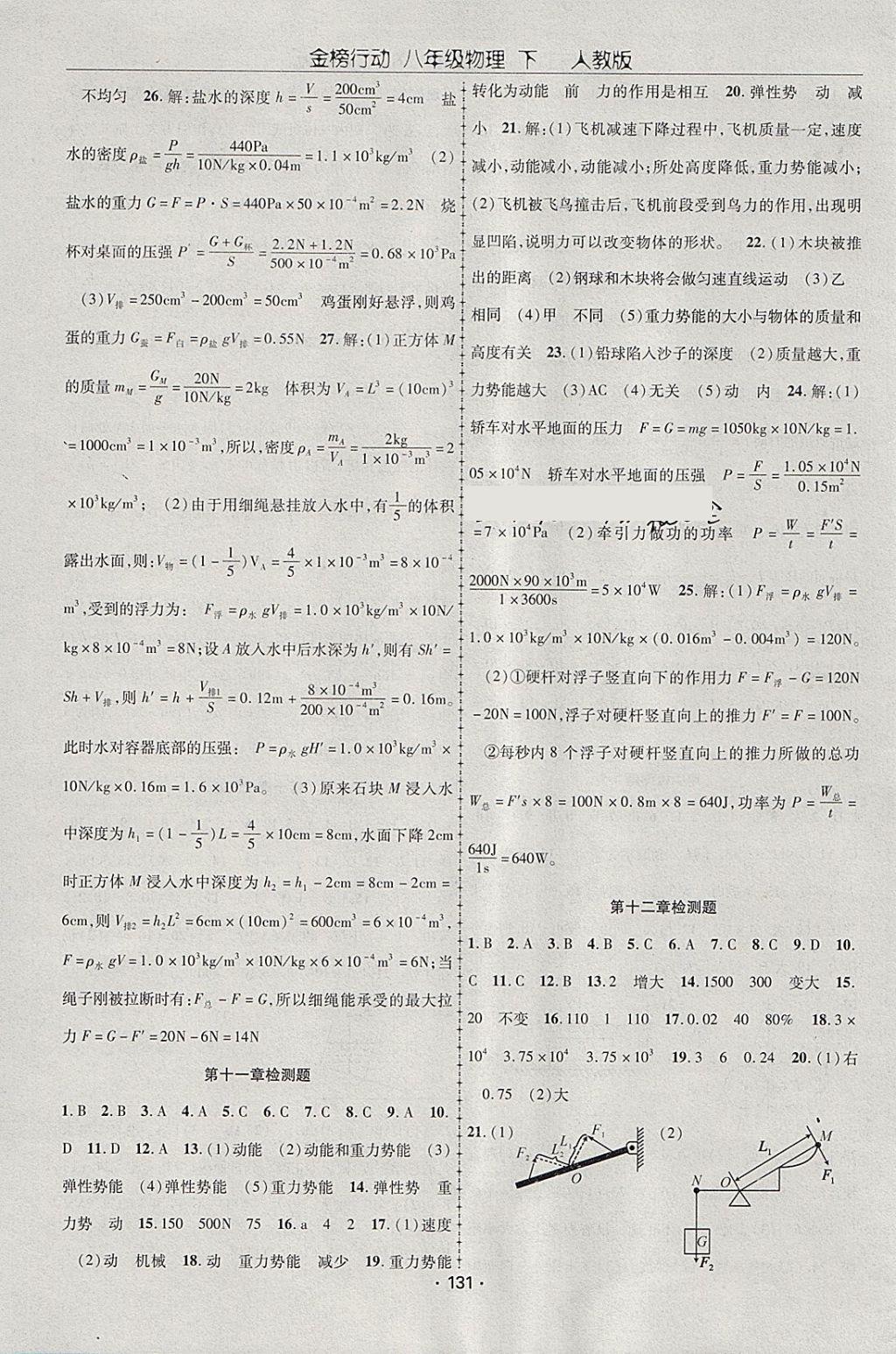 2018年金榜行動課時導(dǎo)學(xué)案八年級物理下冊人教版 參考答案第15頁