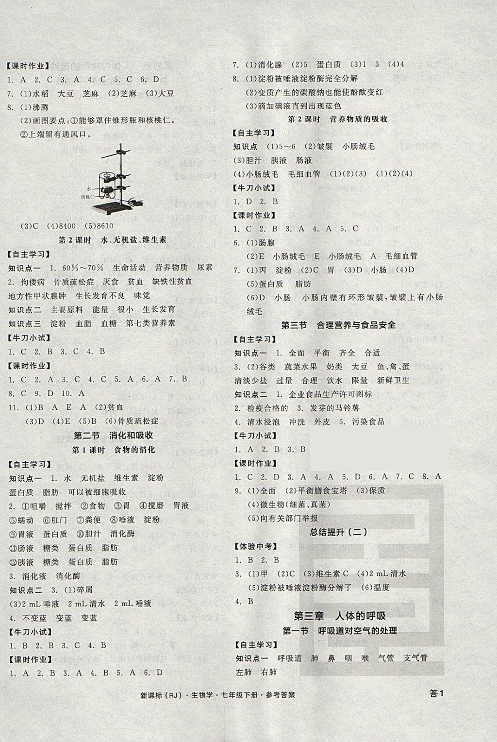 2018年全品學(xué)練考七年級生物學(xué)下冊人教版 參考答案第2頁