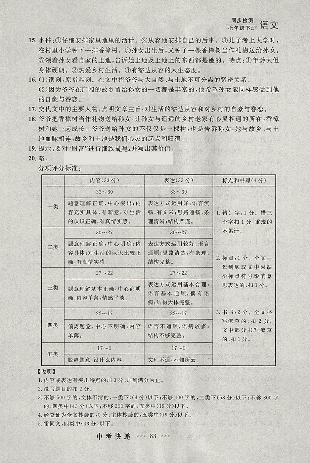 2018年中考快递同步检测七年级语文下册人教版大连专用 参考答案第23页