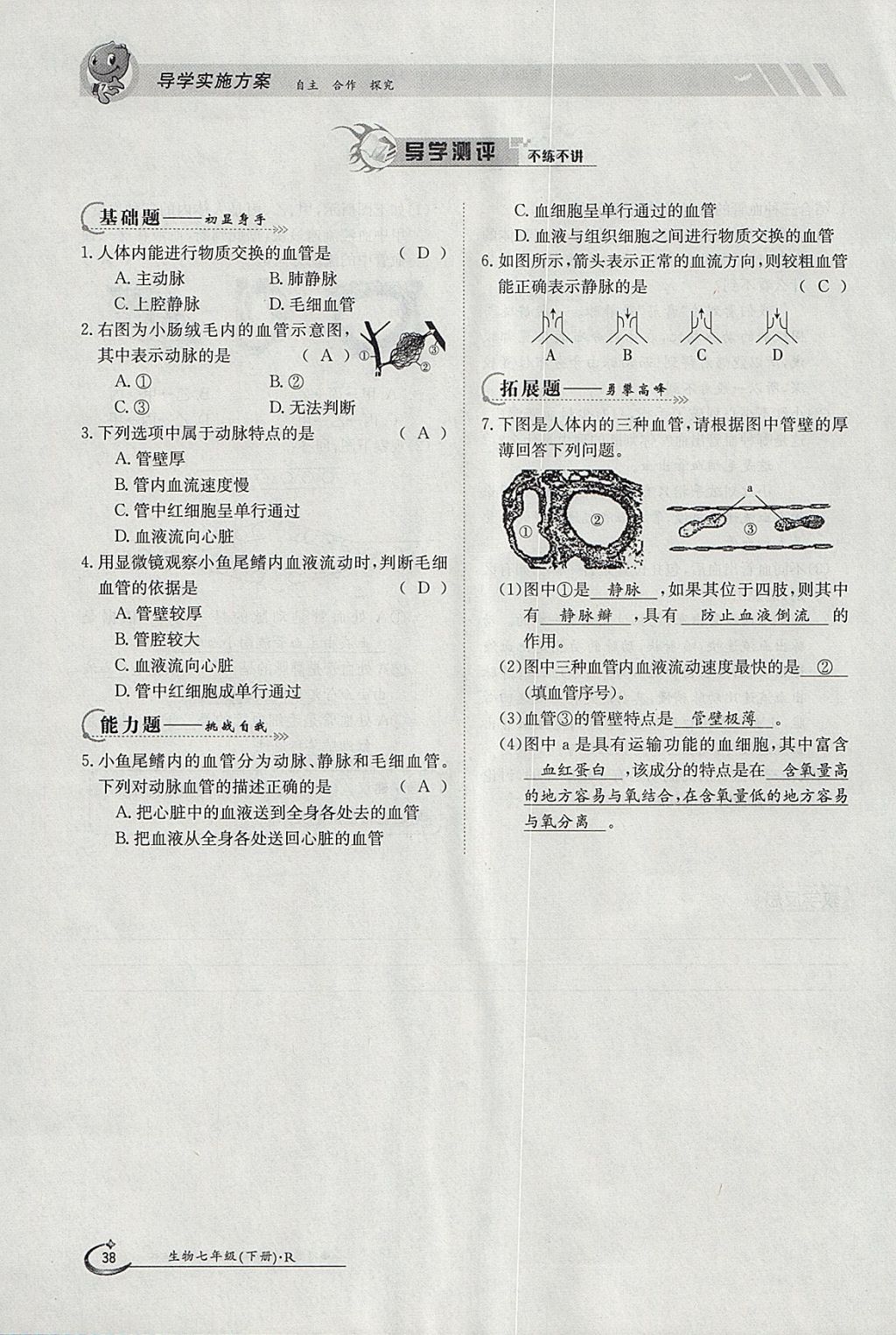 2018年金太陽導(dǎo)學(xué)案七年級(jí)生物下冊(cè)人教版 參考答案第38頁