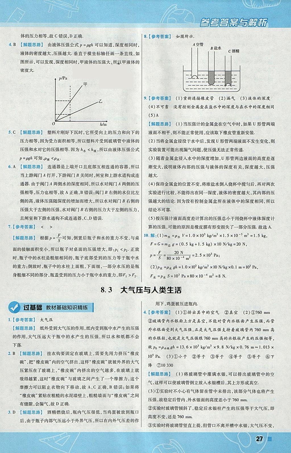 2018年一遍過(guò)初中物理八年級(jí)下冊(cè)滬粵版 參考答案第27頁(yè)