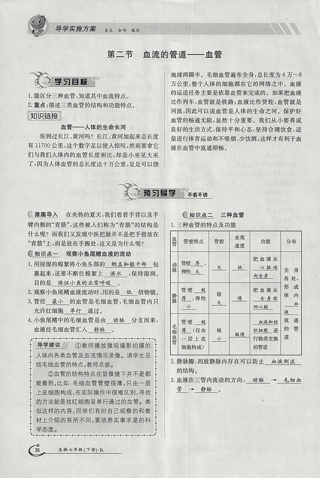 2018年金太陽(yáng)導(dǎo)學(xué)案七年級(jí)生物下冊(cè)人教版 參考答案第36頁(yè)