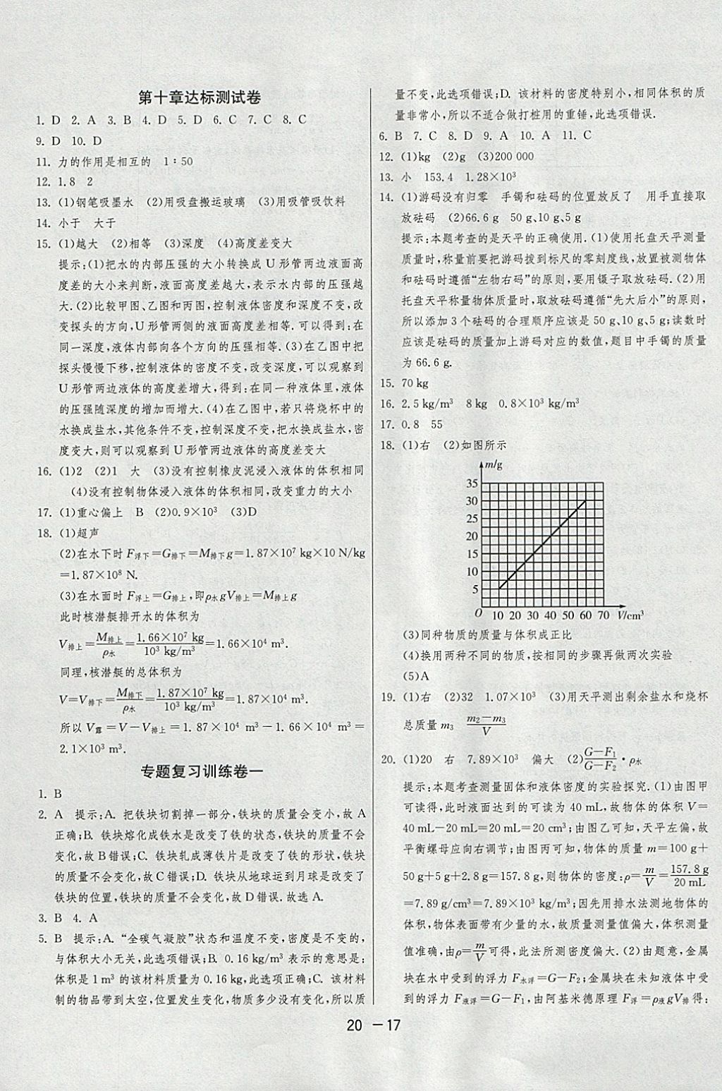 2018年1课3练单元达标测试八年级物理下册苏科版 参考答案第17页