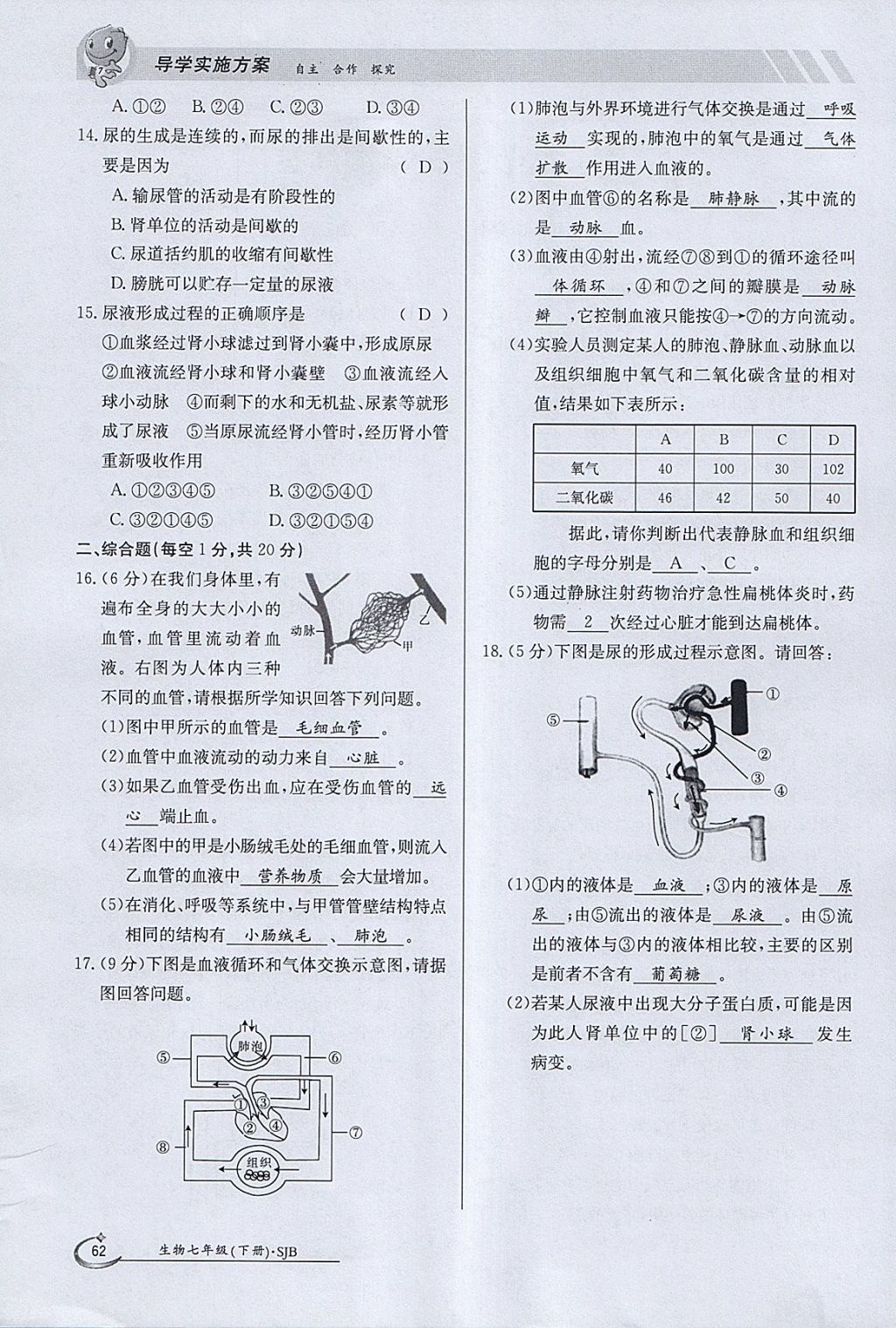 2018年金太阳导学案七年级生物下册苏教版 参考答案第62页