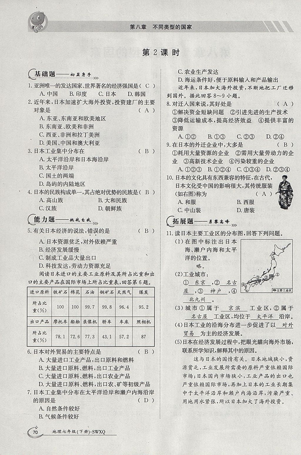 2018年金太陽導學案七年級地理下冊商務星球版 參考答案第68頁