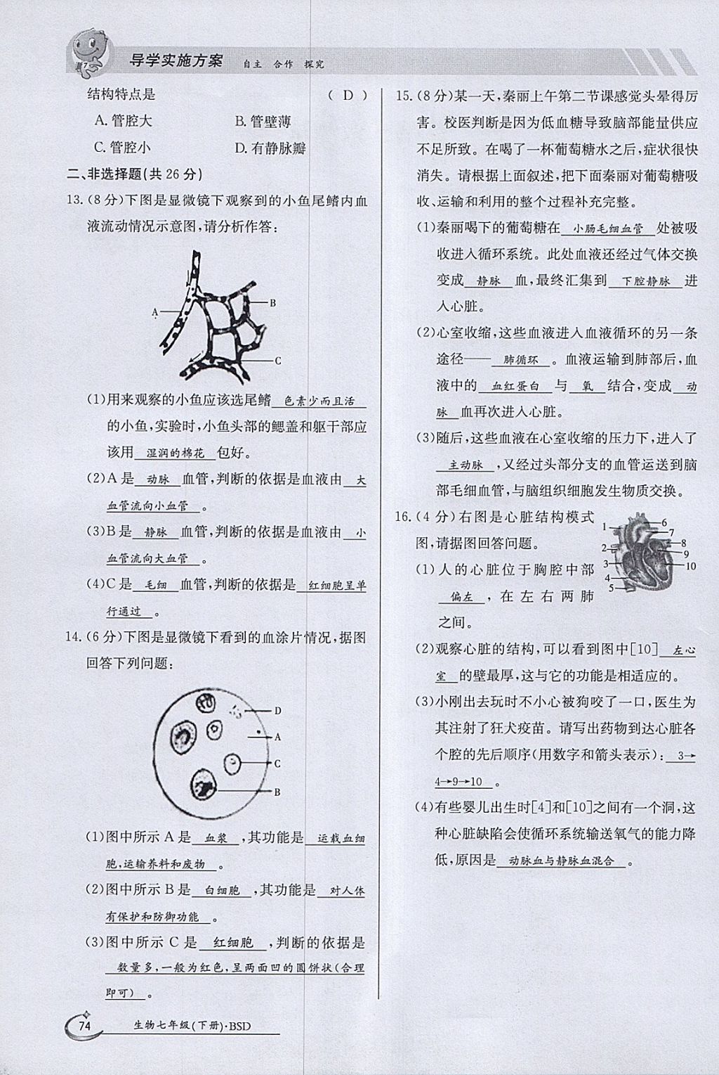 2018年金太阳导学案七年级生物下册北师大版 参考答案第74页