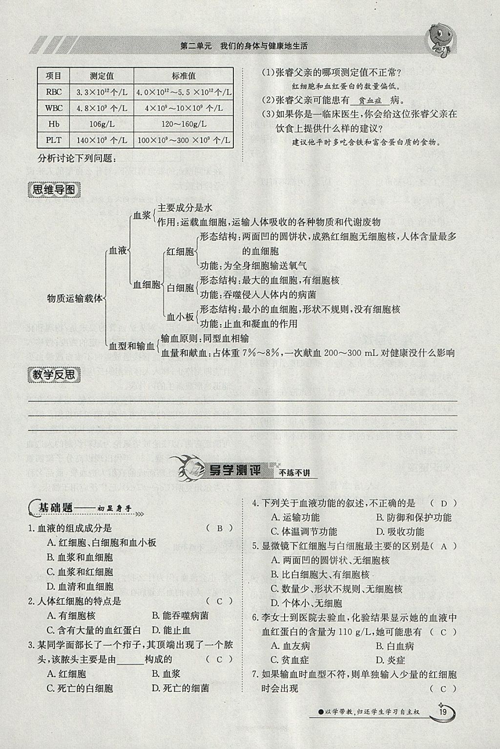 2018年金太陽導學案七年級生物下冊冀少版 參考答案第19頁