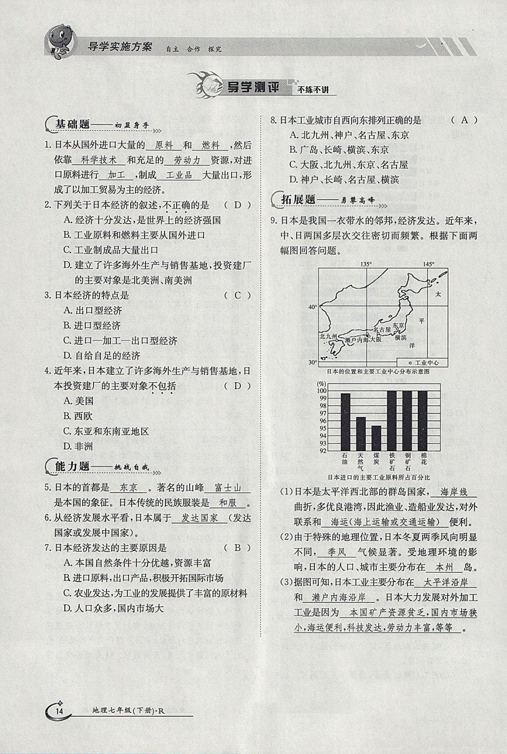 2018年金太阳导学案七年级地理下册人教版 参考答案第14页