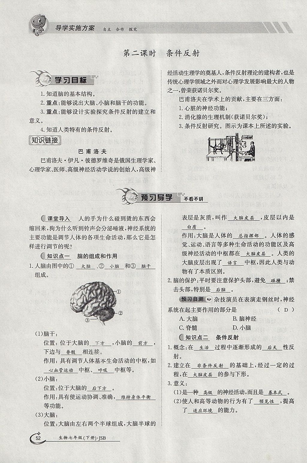 2018年金太陽導(dǎo)學(xué)案七年級生物下冊冀少版 參考答案第52頁