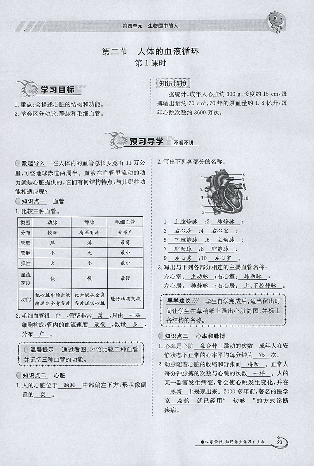 2018年金太阳导学案七年级生物下册苏教版 参考答案第23页