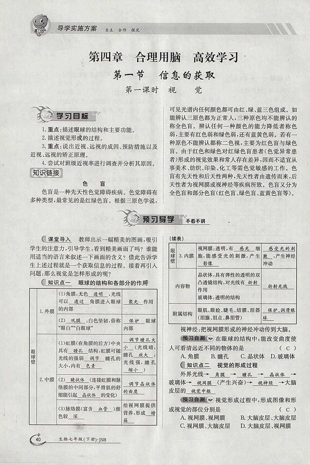 2018年金太陽(yáng)導(dǎo)學(xué)案七年級(jí)生物下冊(cè)冀少版 參考答案第40頁(yè)