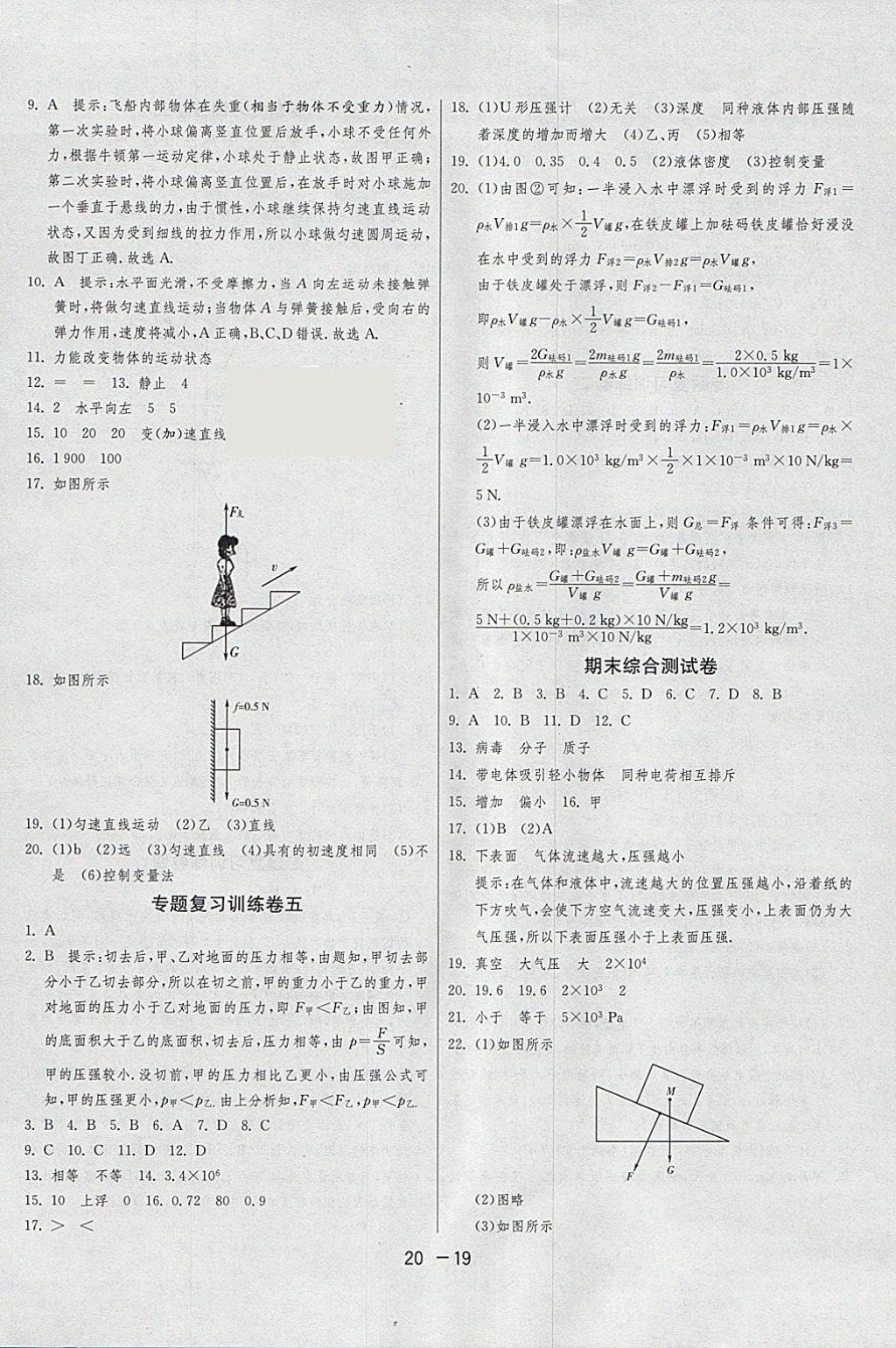 2018年1课3练单元达标测试八年级物理下册苏科版 参考答案第19页