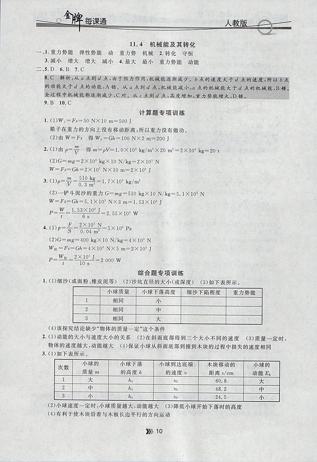 2018年點(diǎn)石成金金牌每課通八年級(jí)物理下冊(cè)人教版 參考答案第10頁(yè)