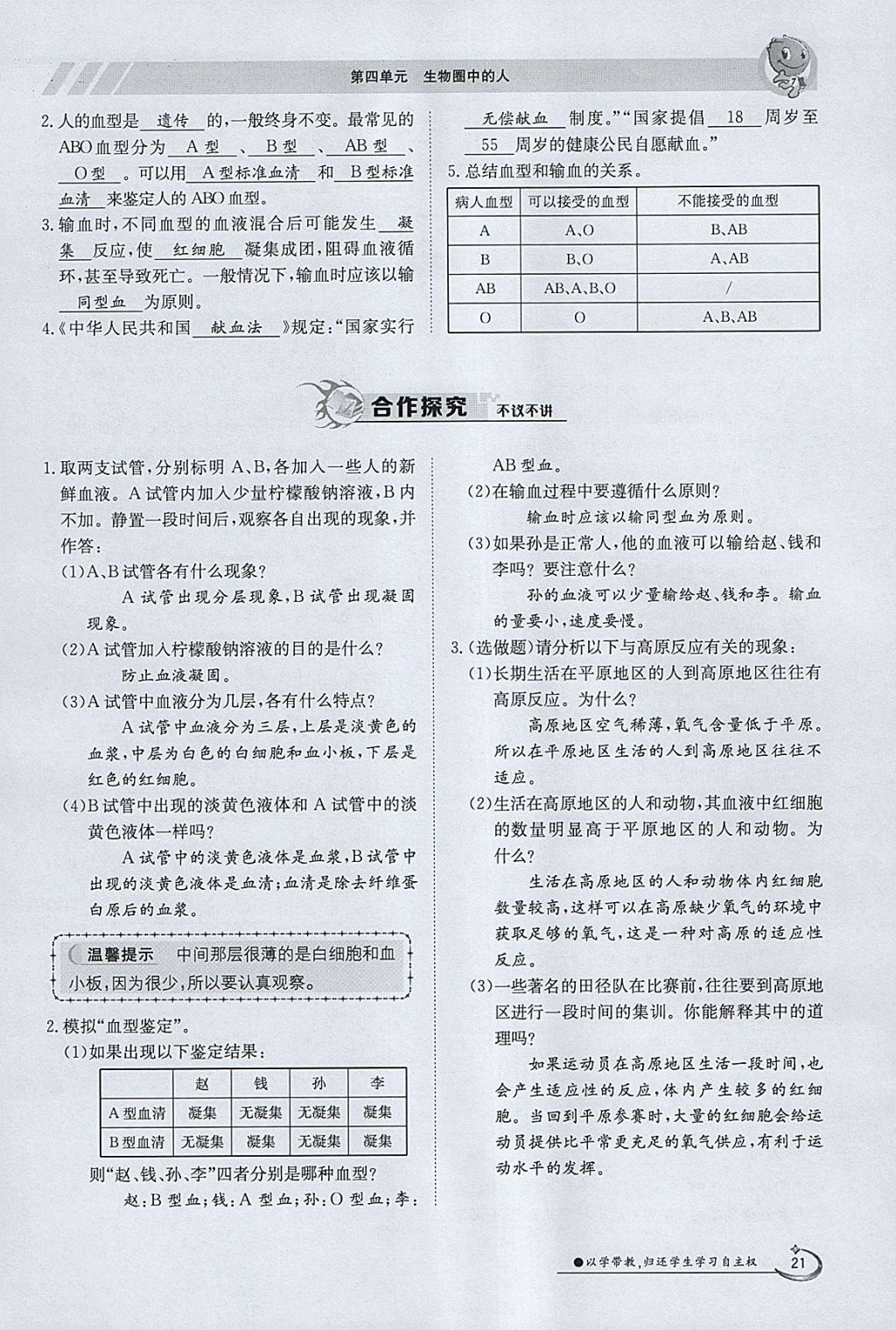 2018年金太阳导学案七年级生物下册苏教版 参考答案第21页