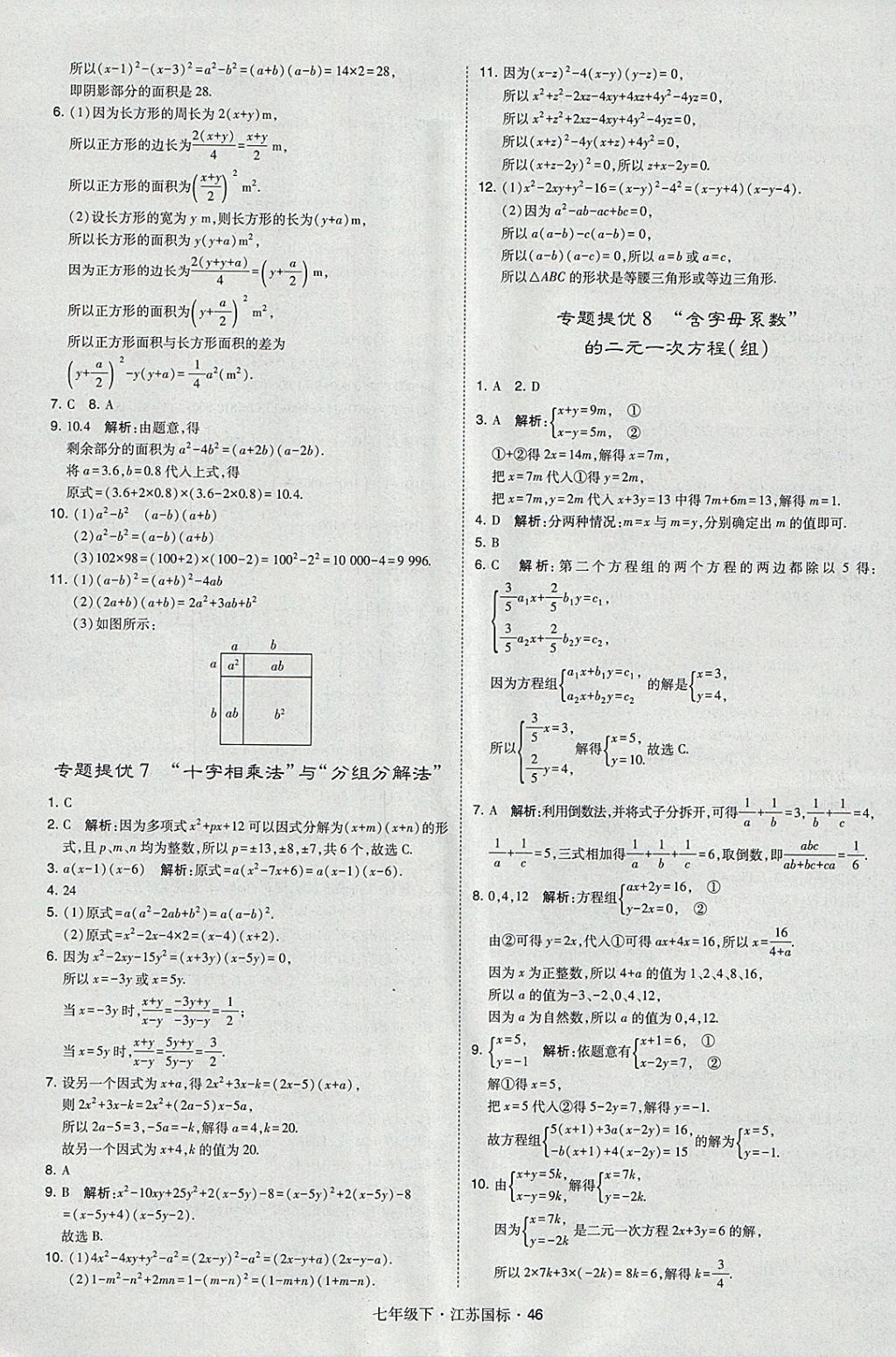 2018年经纶学典学霸七年级数学下册江苏版 参考答案第46页