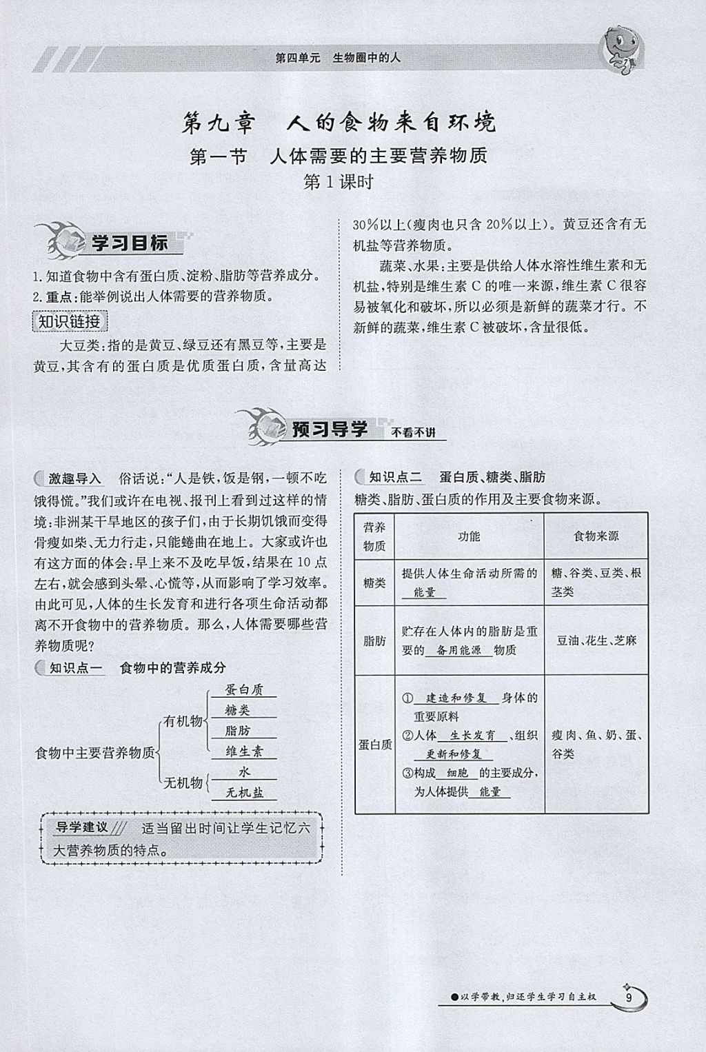 2018年金太阳导学案七年级生物下册苏教版 参考答案第9页