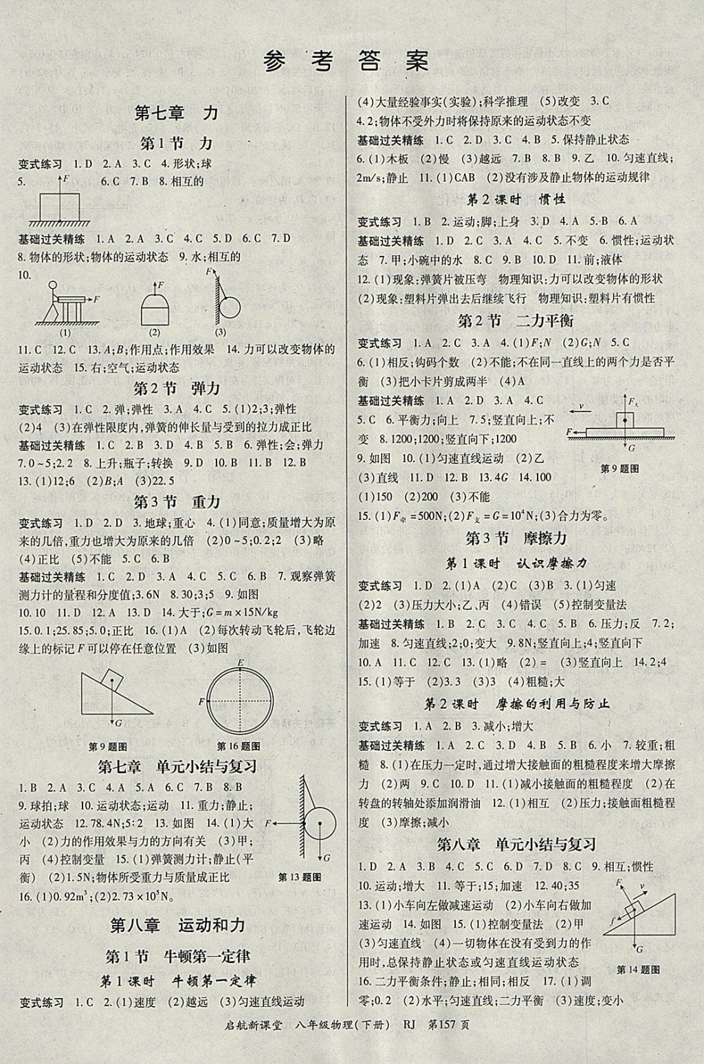 2018年啟航新課堂名校名師同步學(xué)案八年級物理下冊人教版 參考答案第1頁