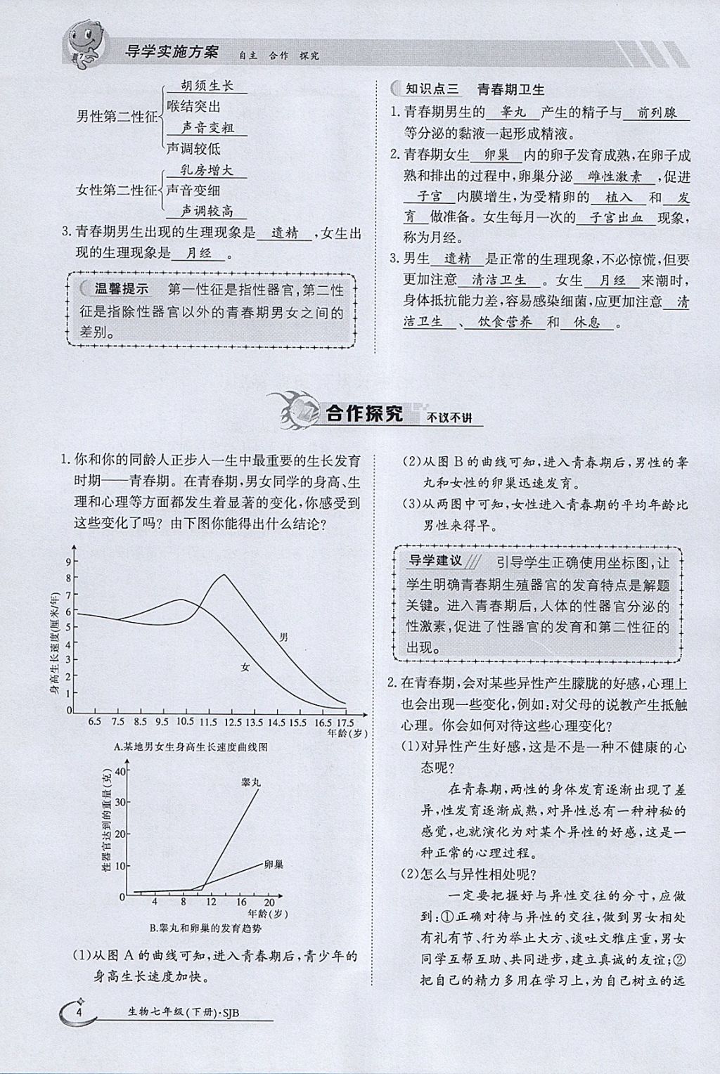 2018年金太阳导学案七年级生物下册苏教版 参考答案第4页