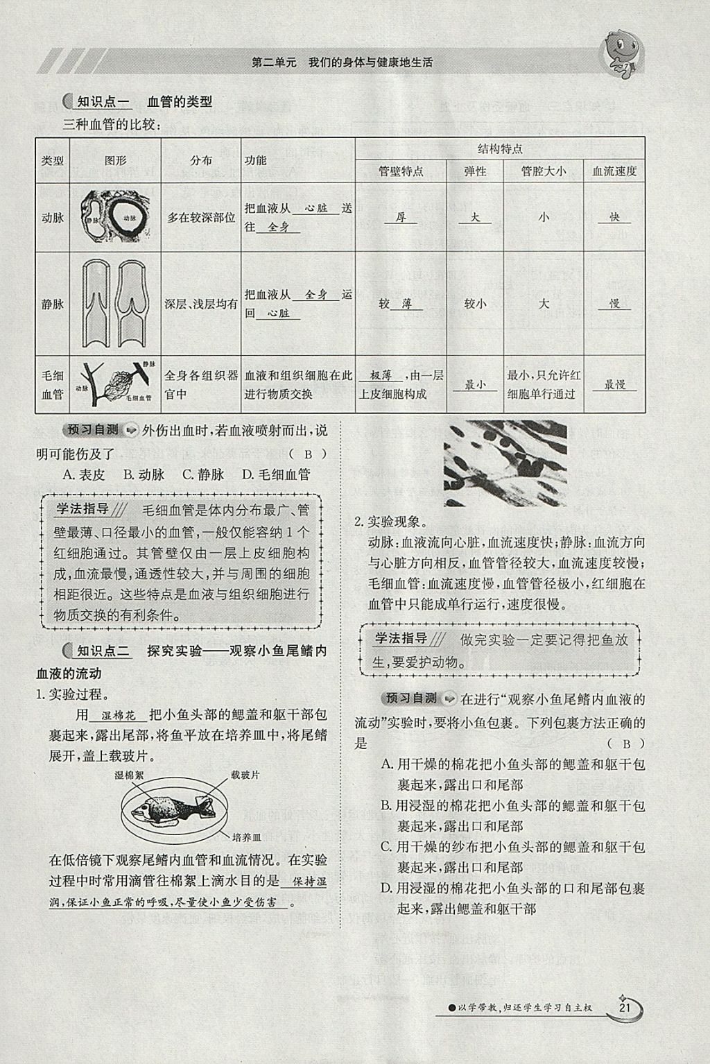 2018年金太陽(yáng)導(dǎo)學(xué)案七年級(jí)生物下冊(cè)冀少版 參考答案第21頁(yè)