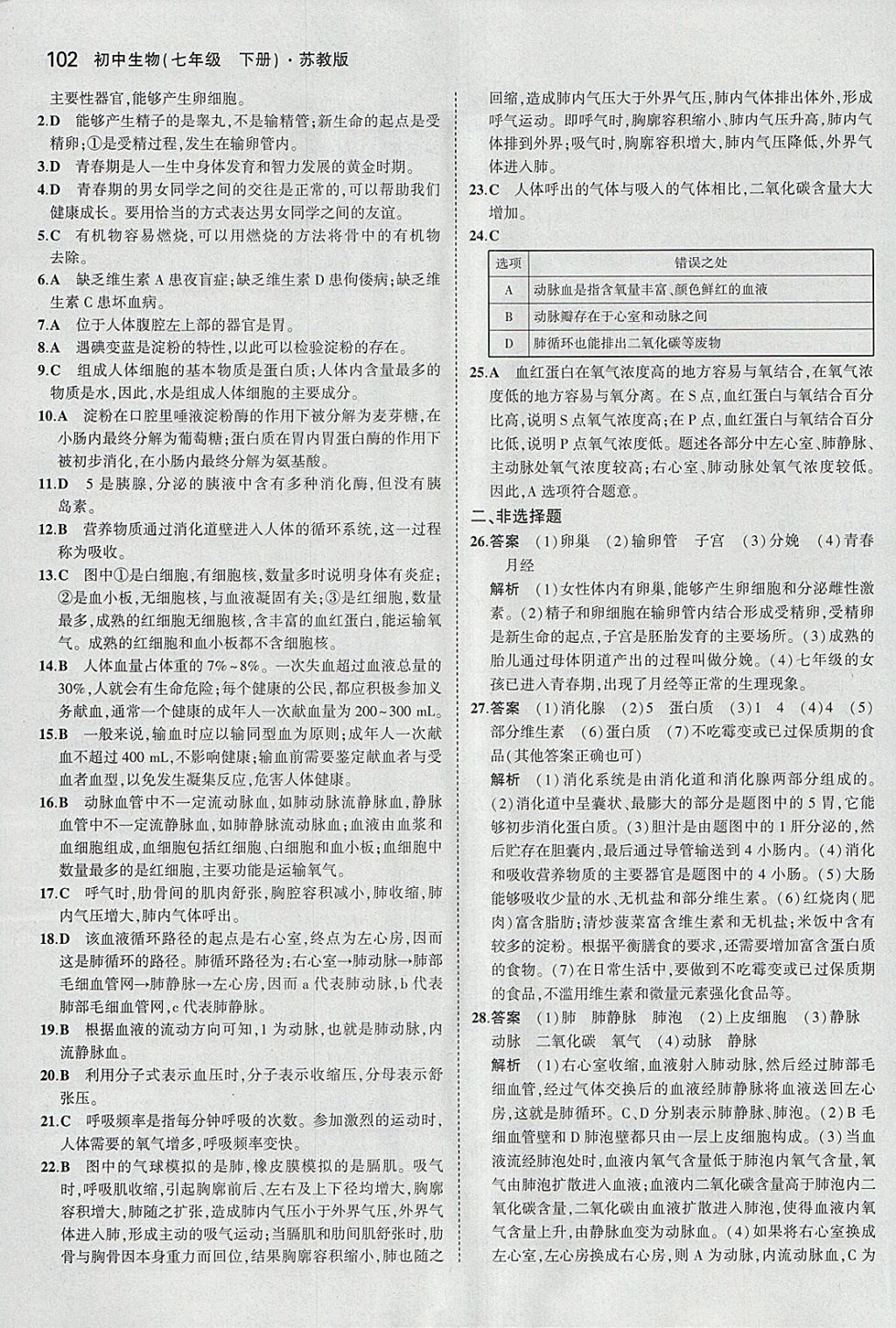 2018年5年中考3年模擬初中生物七年級(jí)下冊(cè)蘇教版 參考答案第17頁(yè)