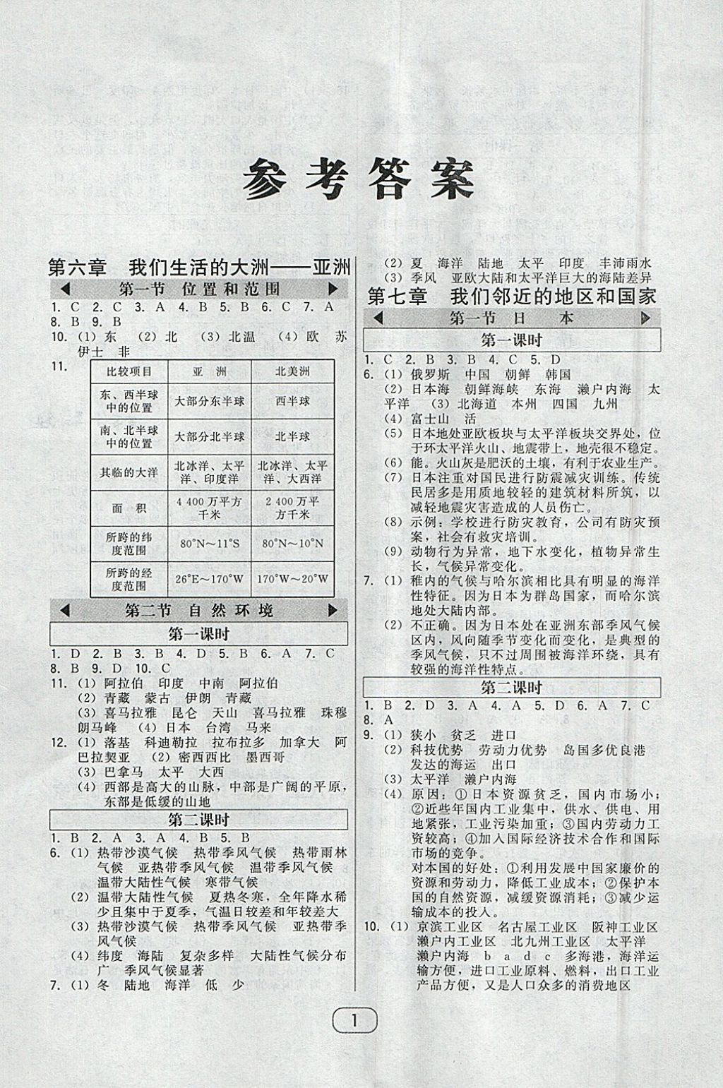 2018年北大綠卡七年級地理下冊人教版 參考答案第1頁