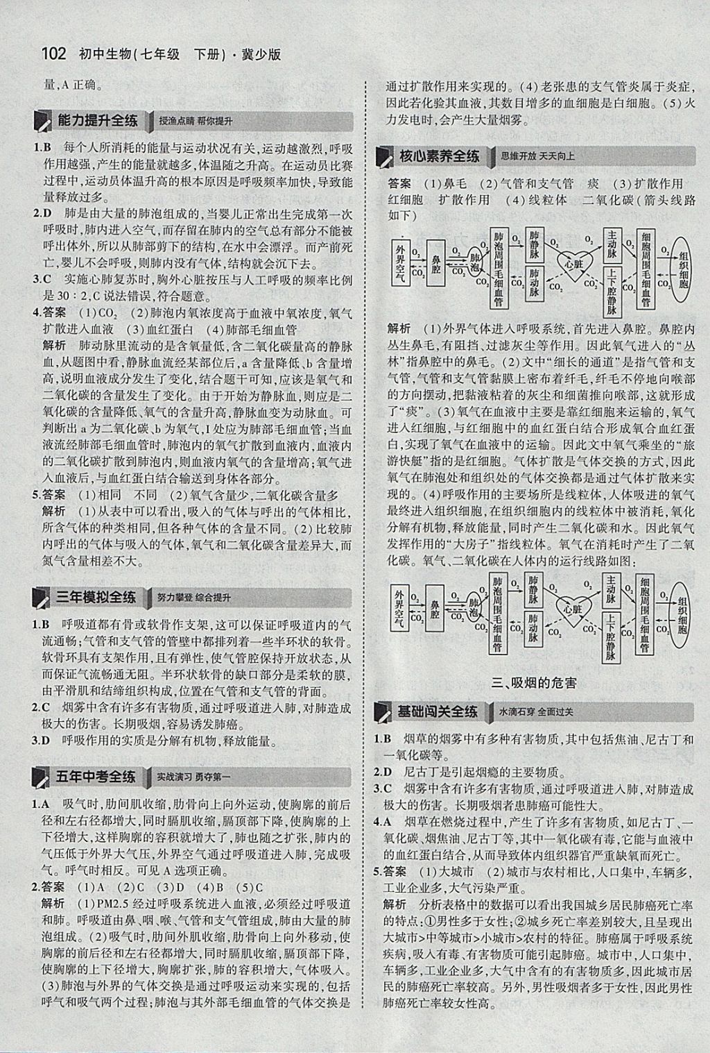 2018年5年中考3年模拟初中生物七年级下册冀少版 参考答案第12页