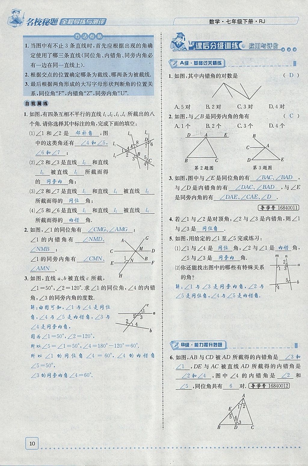 2018年名校秘题全程导练七年级数学下册人教版 参考答案第51页