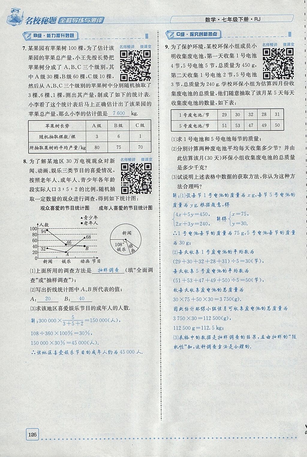 2018年名校秘题全程导练七年级数学下册人教版 参考答案第126页