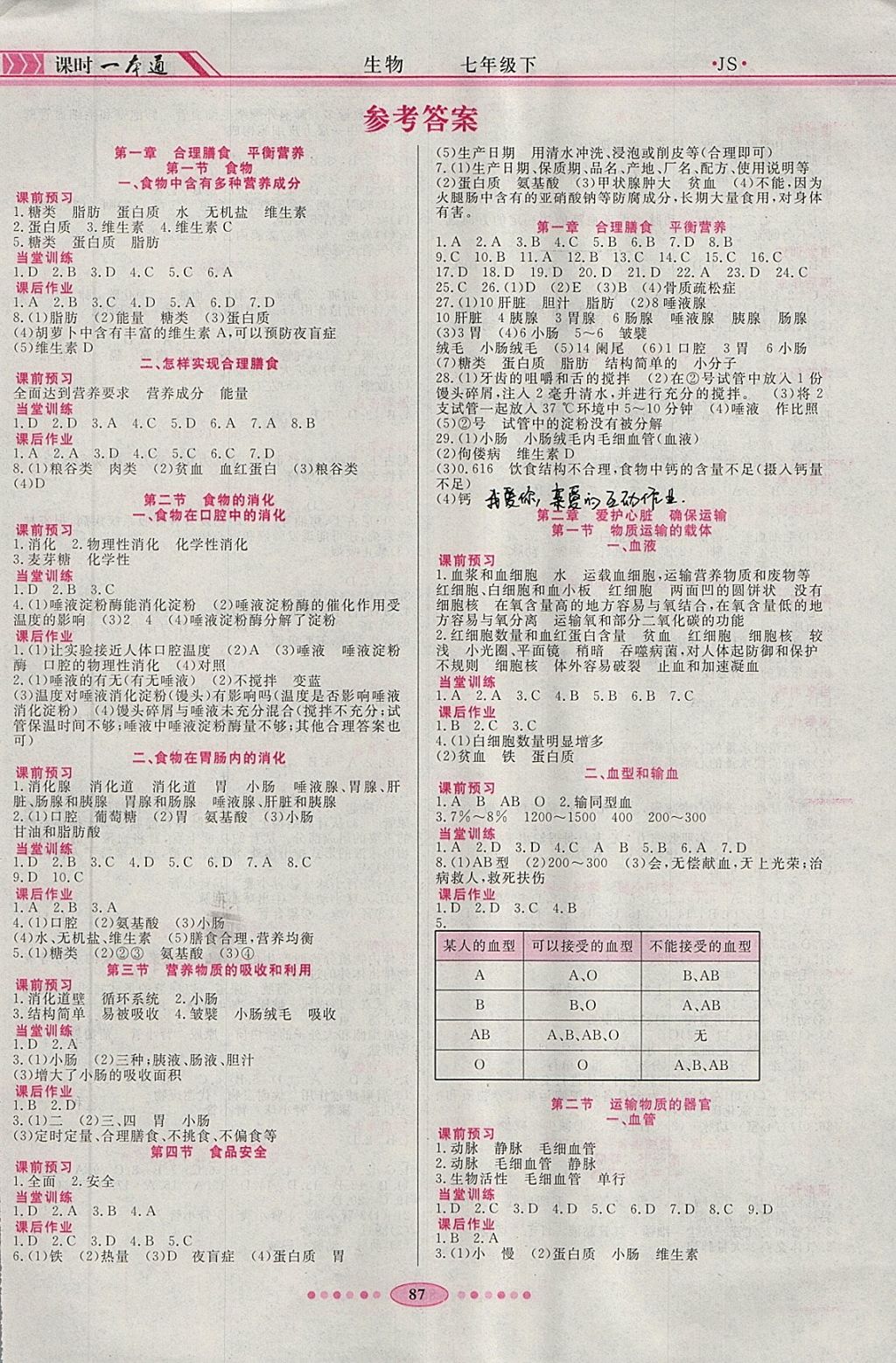 2018年成龙计划课时一本通七年级生物下册冀少版 参考答案第1页