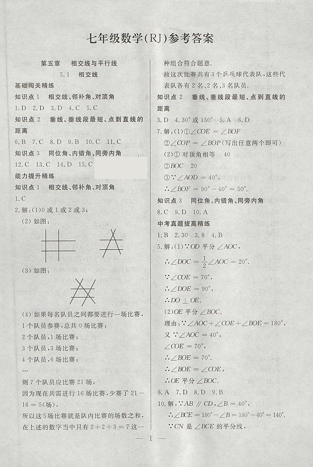 2018年成龙计划课时一本通七年级数学下册人教版 参考答案第1页