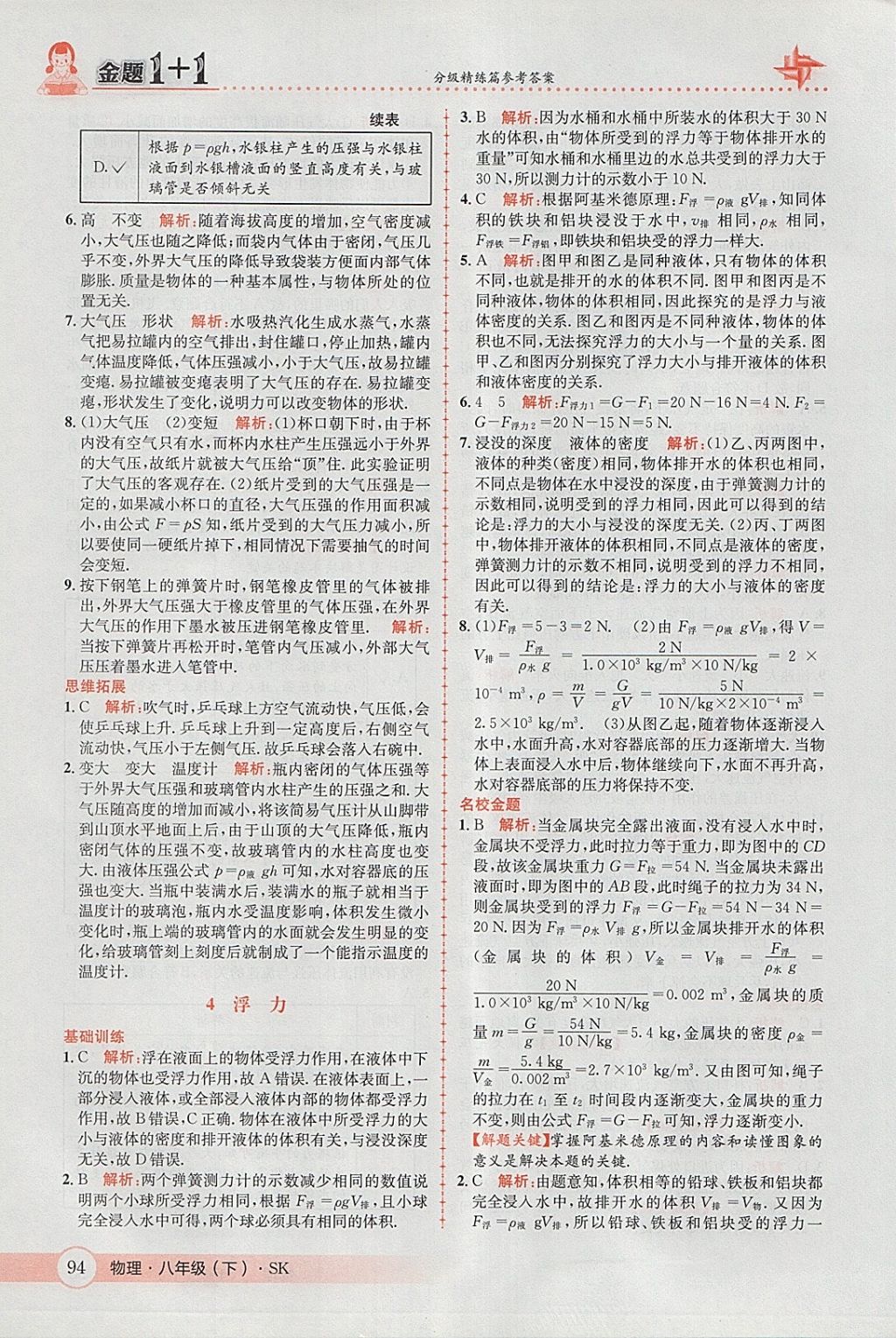2018年金題1加1八年級物理下冊蘇科版 參考答案第28頁
