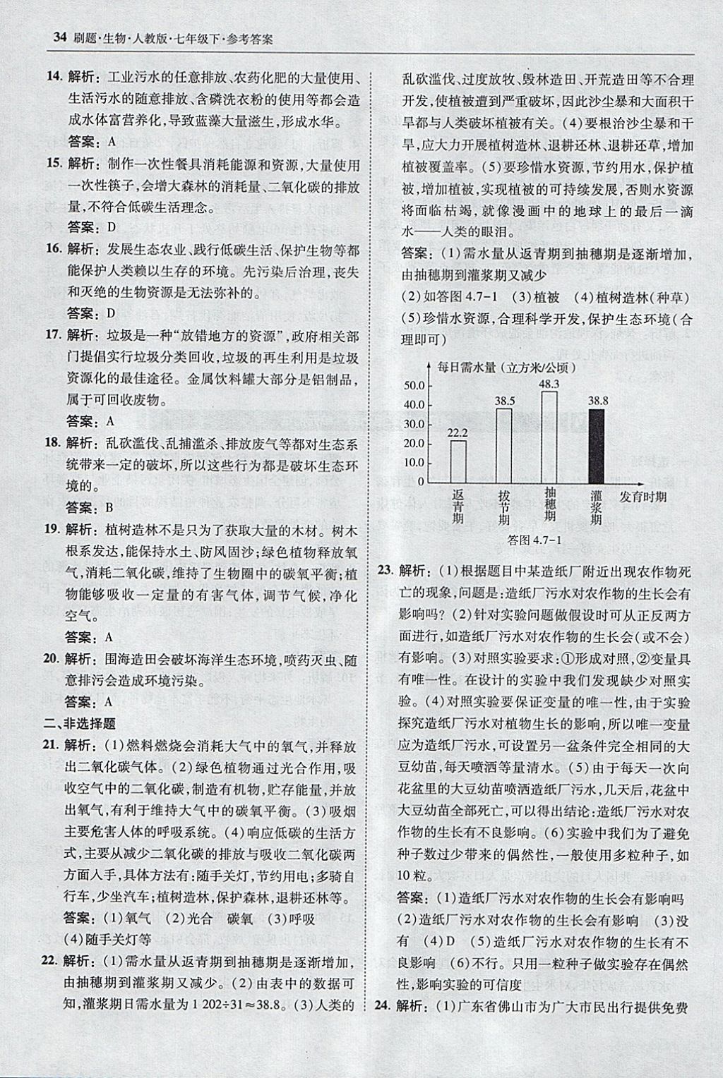 2018年北大綠卡刷題七年級生物下冊人教版 參考答案第33頁