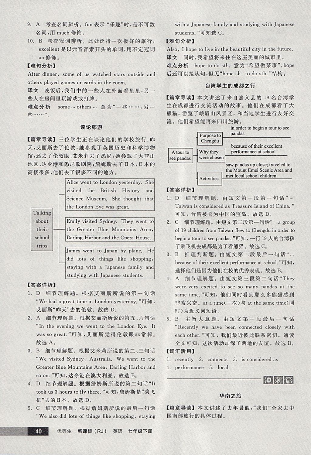 2018年全品优等生完形填空加阅读理解七年级英语下册人教版 参考答案第40页