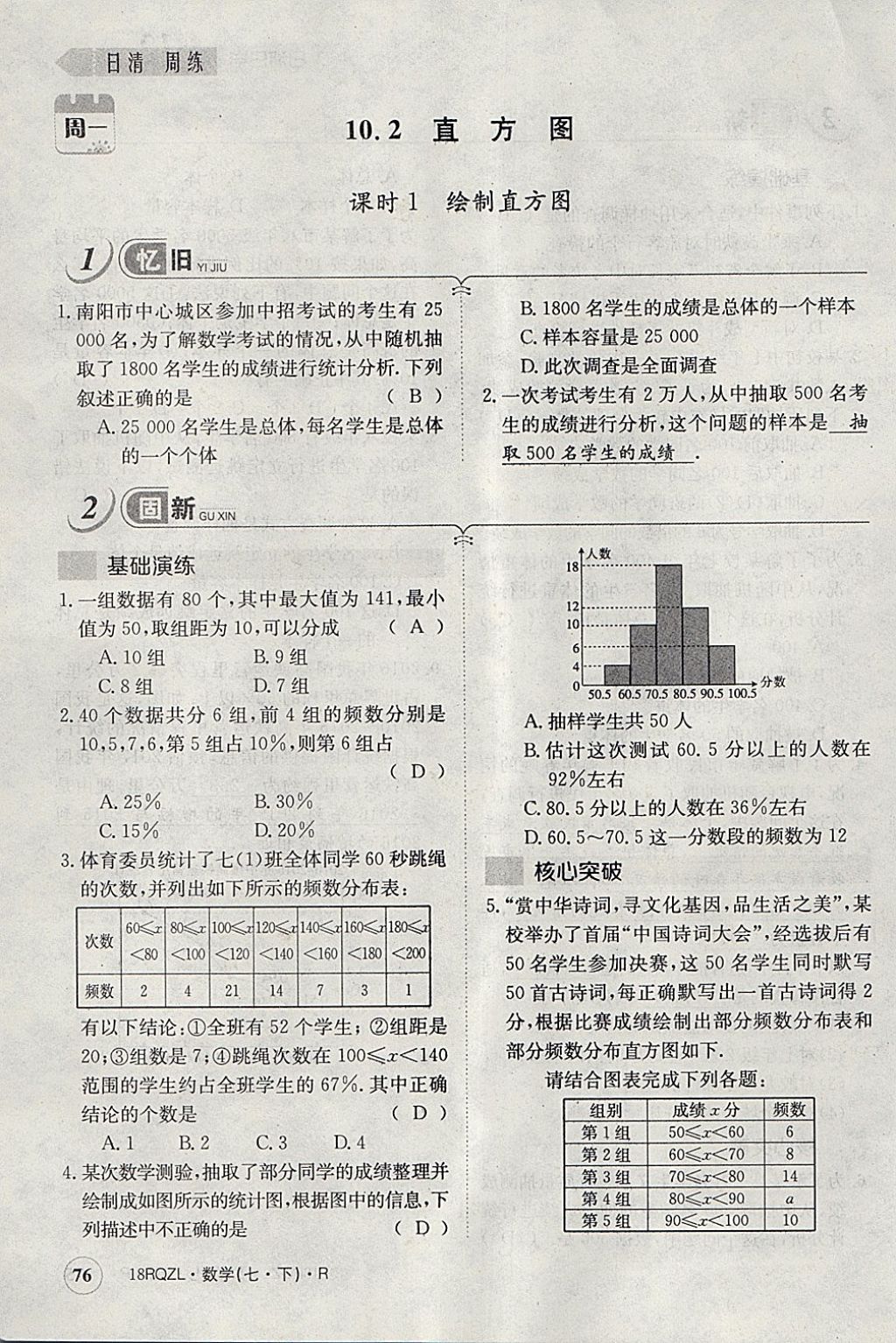 2018年日清周練限時提升卷七年級數(shù)學下冊人教版 參考答案第113頁