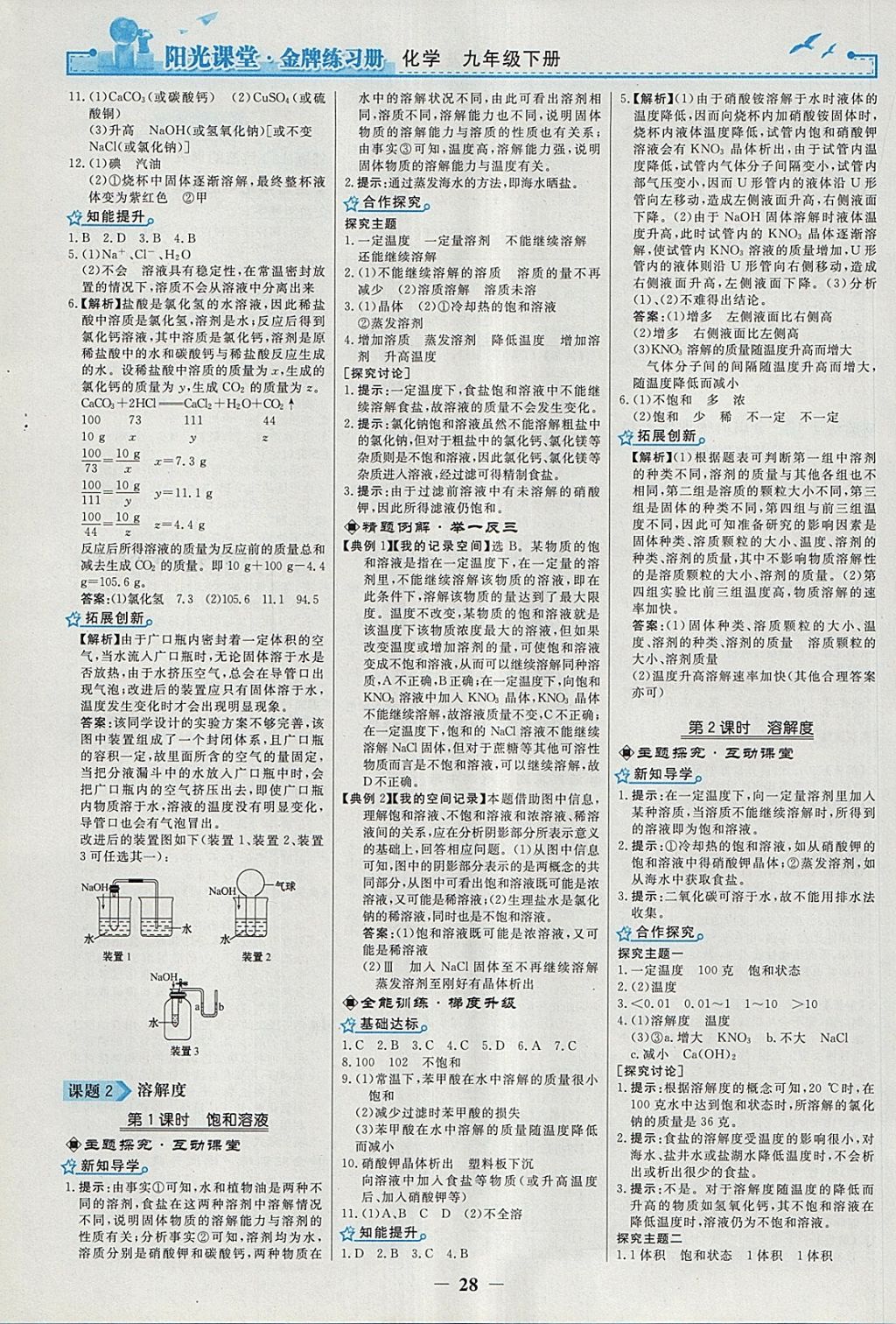 2018年阳光课堂金牌练习册九年级化学下册人教版 参考答案第4页