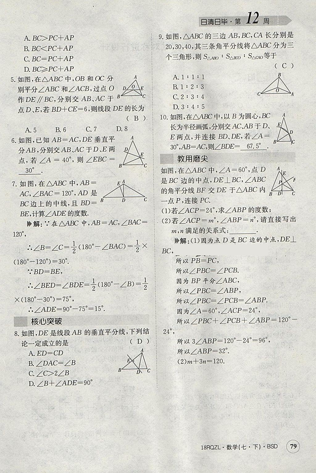 2018年日清周练限时提升卷七年级数学下册北师大版 参考答案第90页