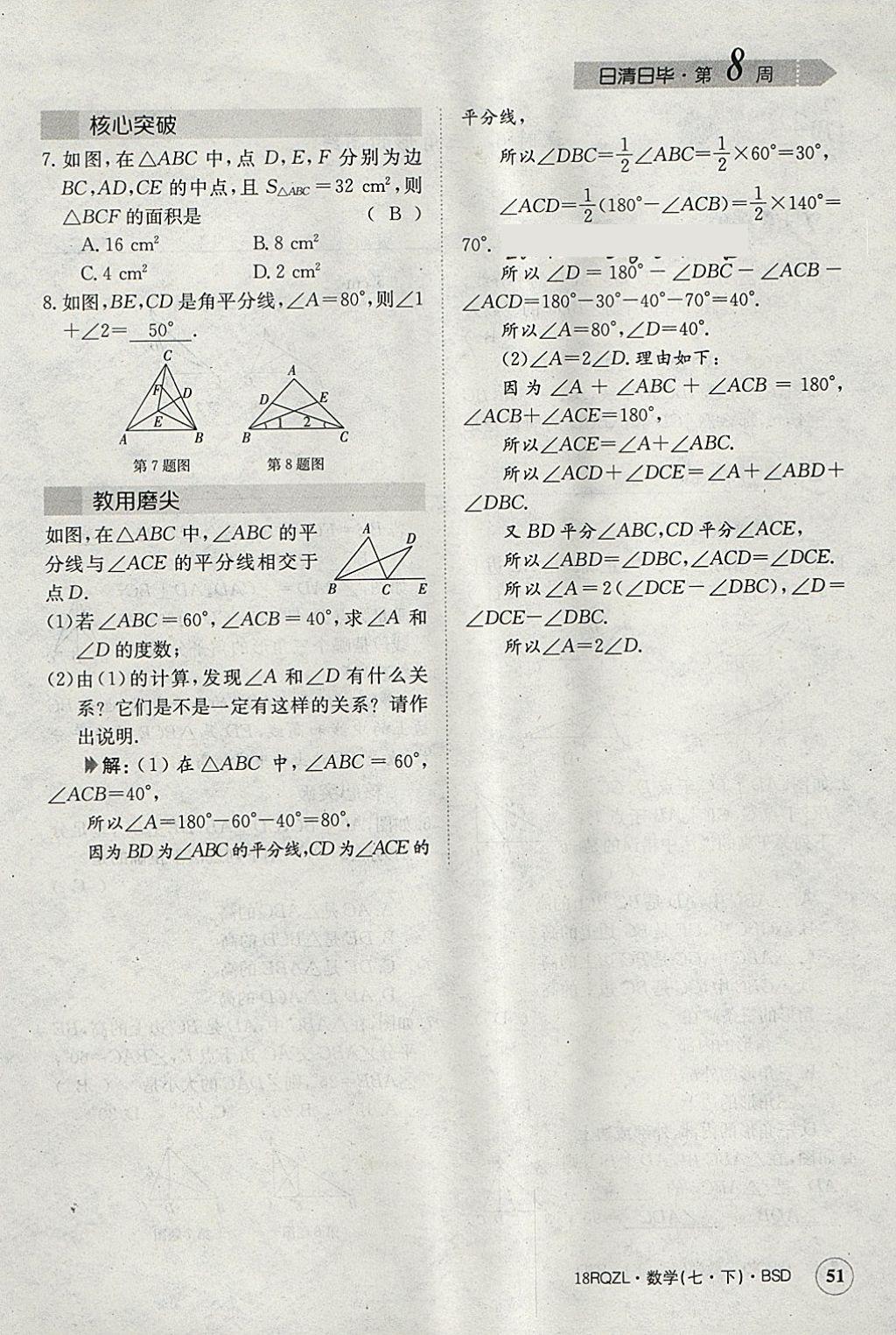 2018年日清周练限时提升卷七年级数学下册北师大版 参考答案第110页