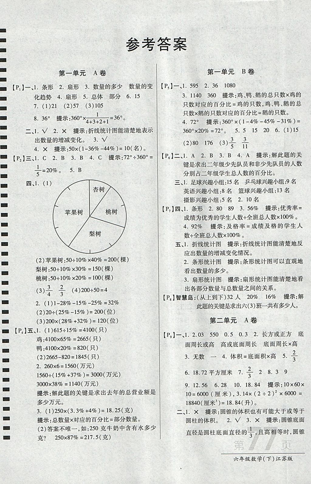 2018年最新AB卷六年级数学下册江苏版 参考答案第1页