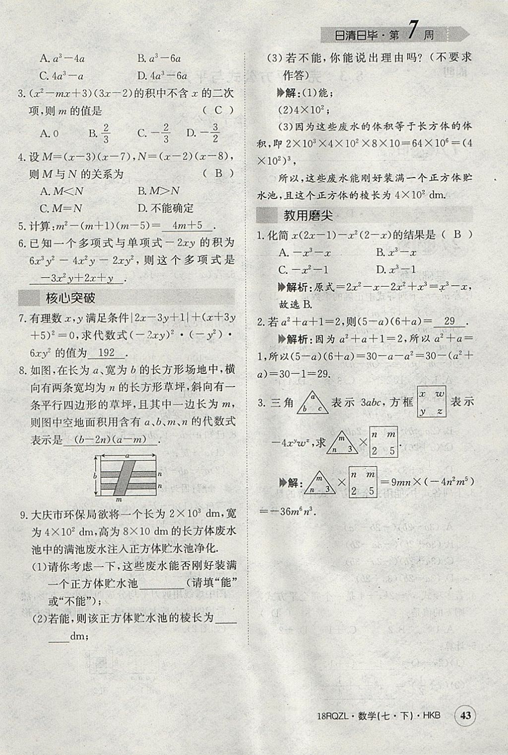 2018年日清周练限时提升卷七年级数学下册沪科版 参考答案第72页