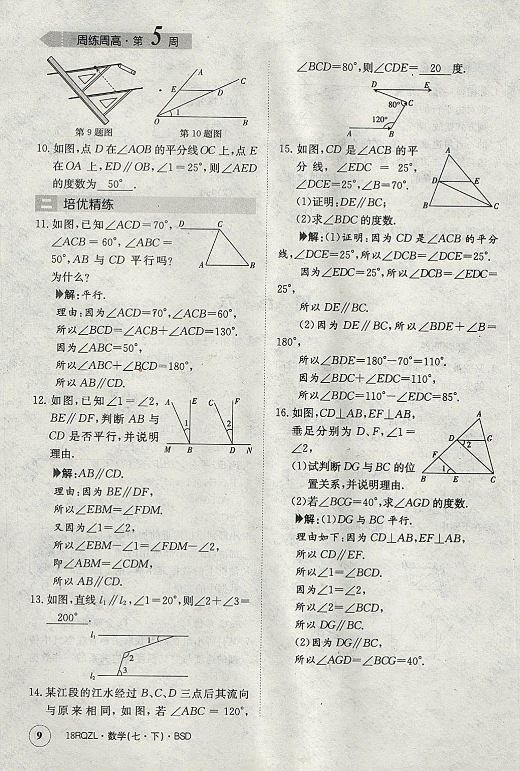 2018年日清周练限时提升卷七年级数学下册北师大版 参考答案第9页