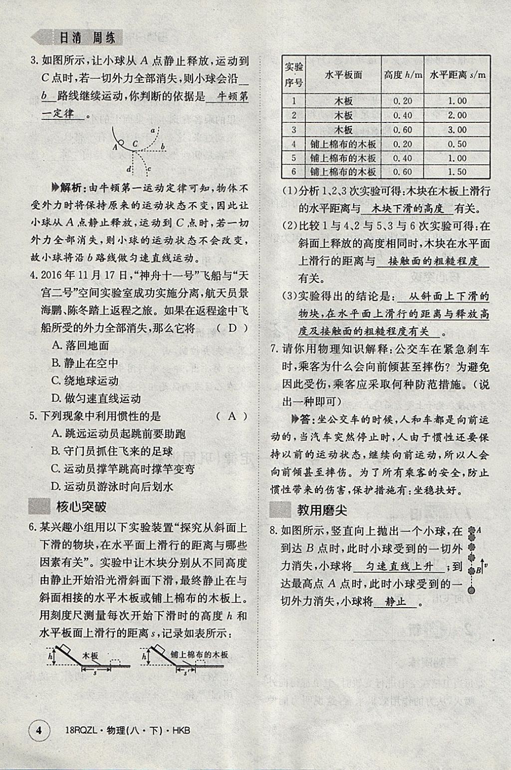 2018年日清周練限時(shí)提升卷八年級(jí)物理下冊(cè)滬科版 參考答案第36頁